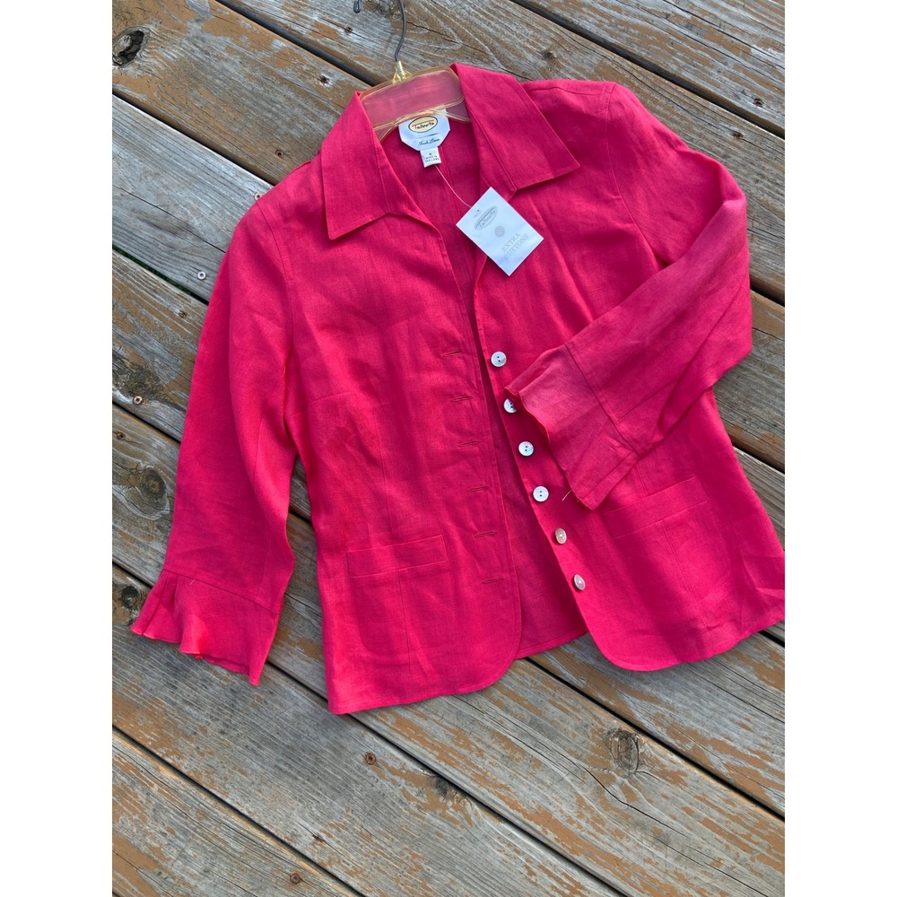 Talbots Irish Linen Jacket Fuchsia Pink Button Front Ruffle Cuff Blazer Womens 4